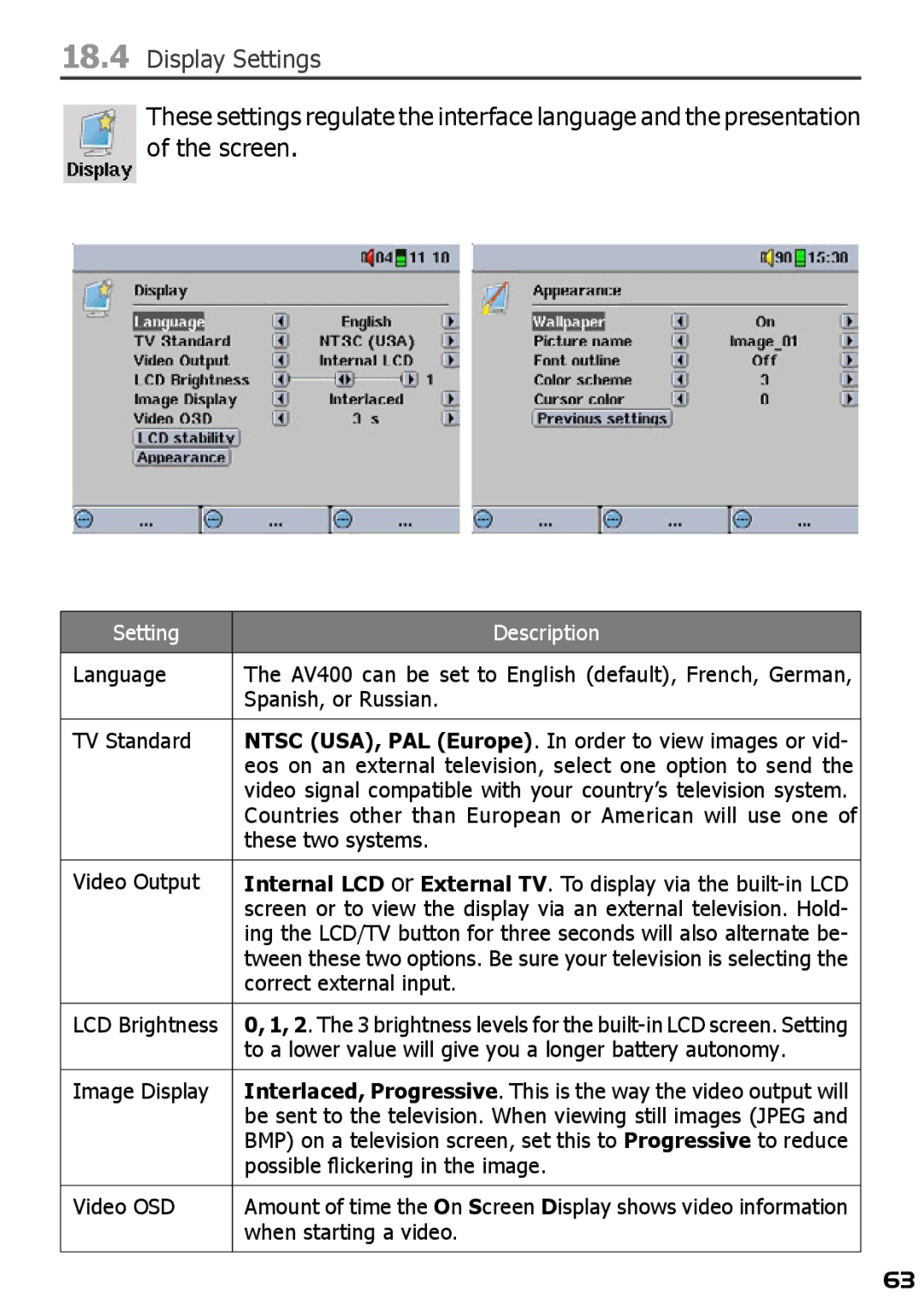 Archos AV420 user manual Display Settings, Setting Description 