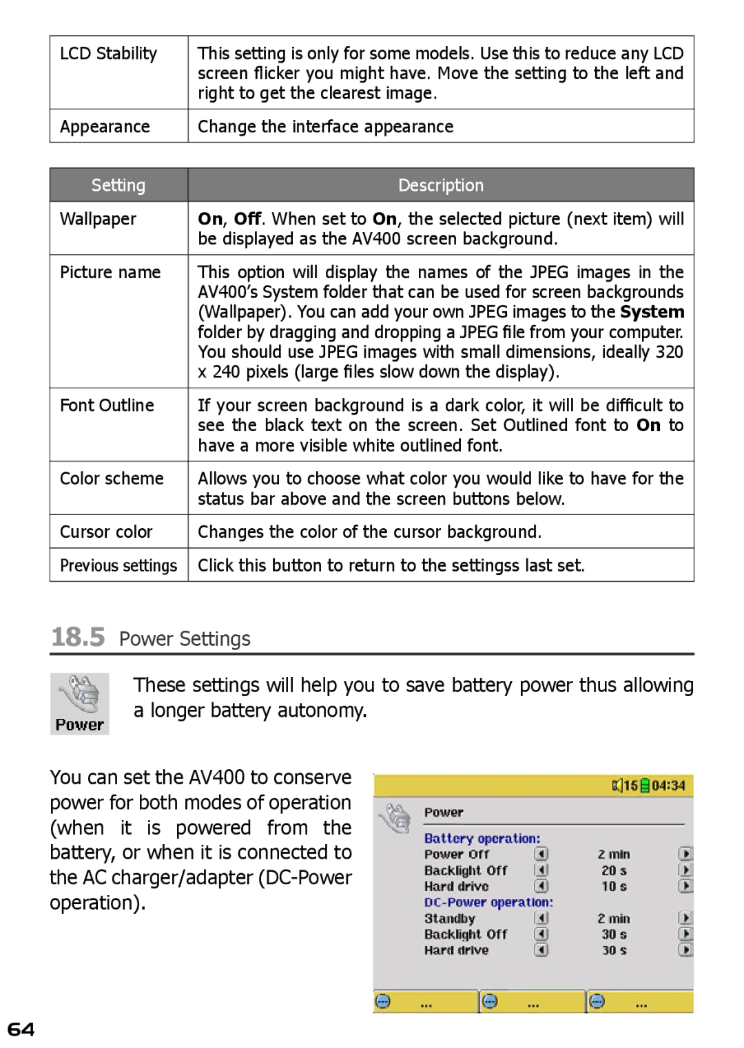 Archos AV420 user manual Power Settings 