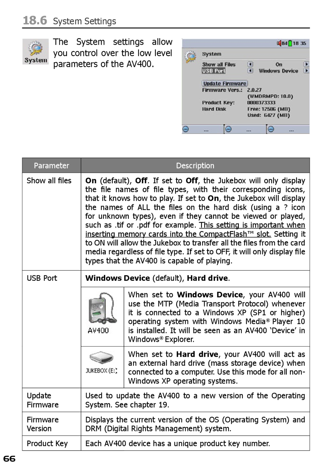 Archos AV420 user manual System Settings, Windows Device default, Hard drive 