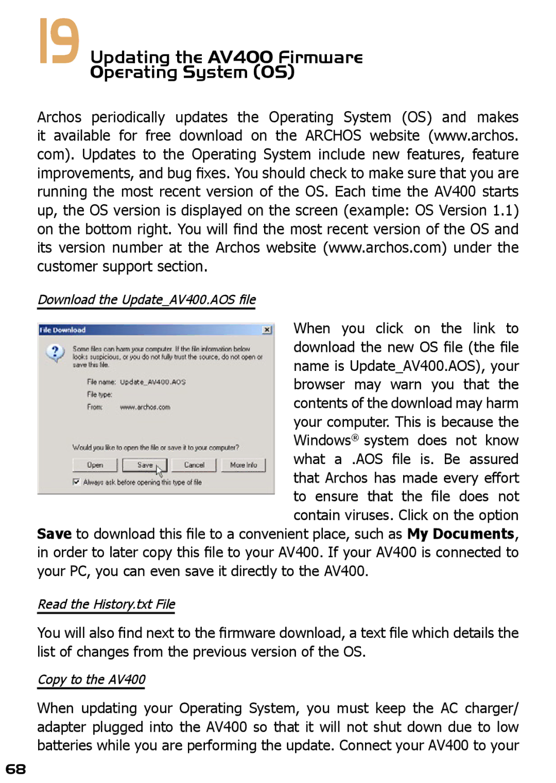 Archos AV420 user manual Updating the AV400 Firmware Operating System OS, Download the UpdateAV400.AOS ﬁle 