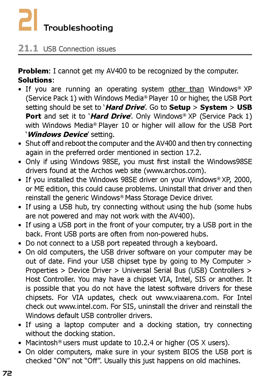 Archos AV420 user manual Troubleshooting, USB Connection issues 