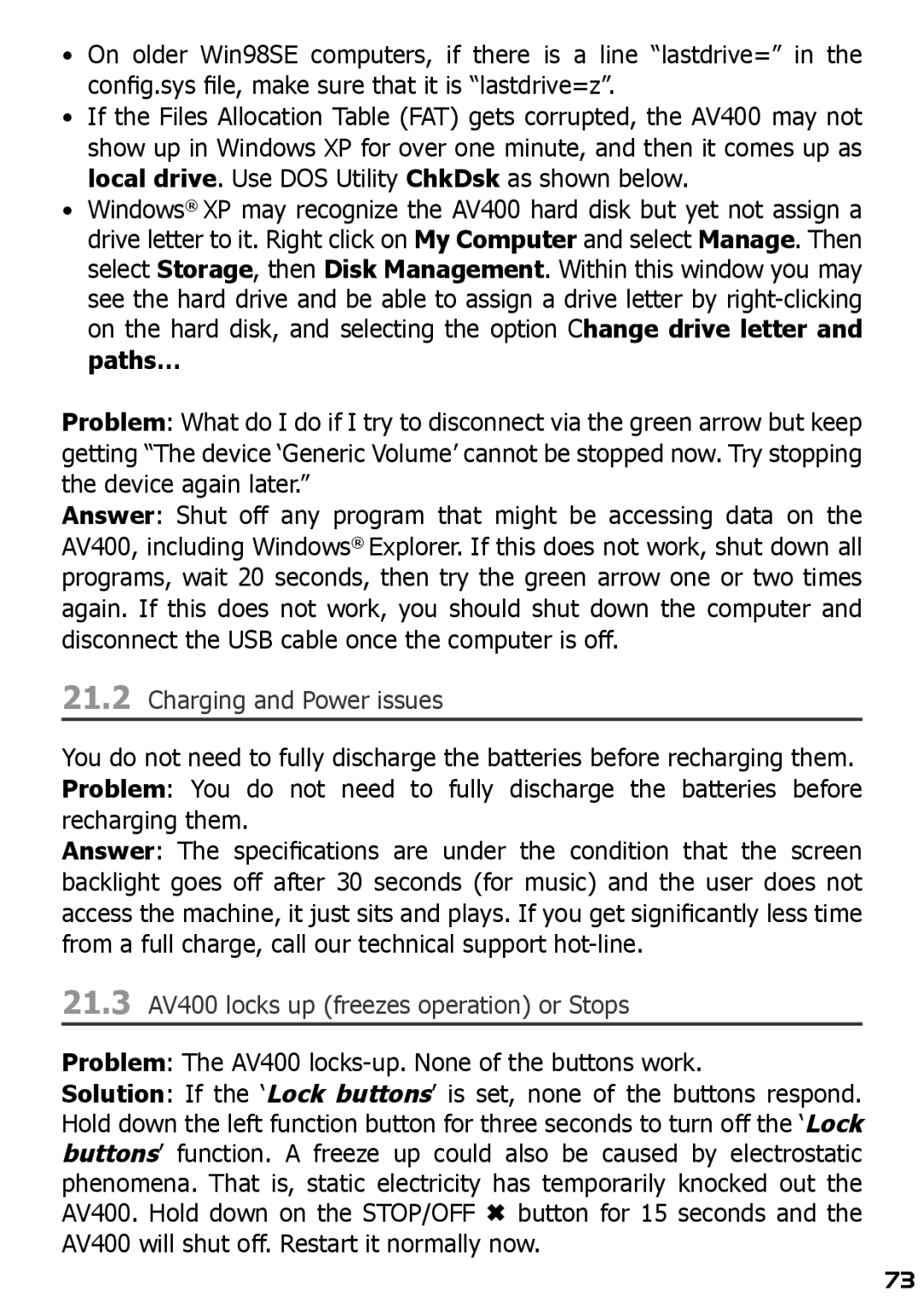 Archos AV420 user manual Charging and Power issues, 21.3 AV400 locks up freezes operation or Stops 