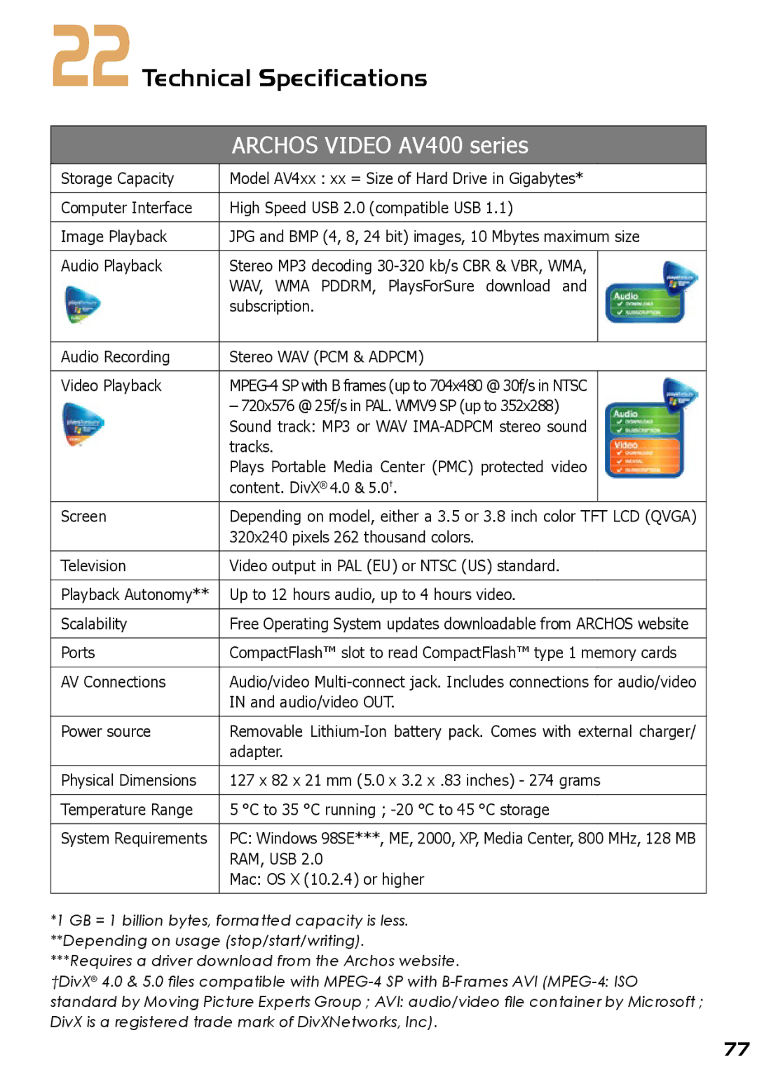 Archos AV420 user manual Technical Specifications, Archos Video AV400 series 