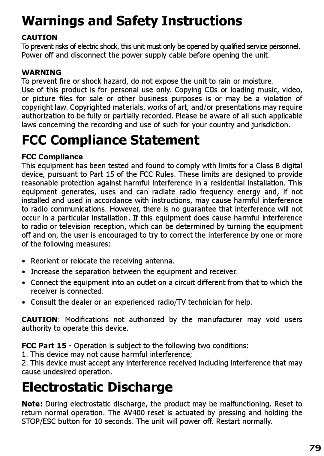 Archos AV420 user manual Electrostatic Discharge 