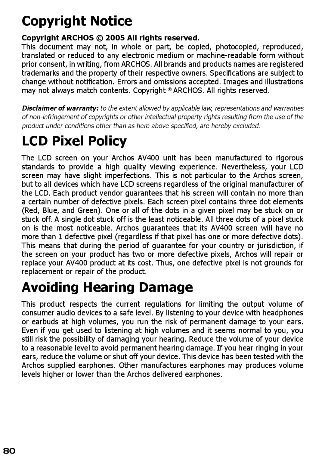 Archos AV420 user manual Copyright Notice 