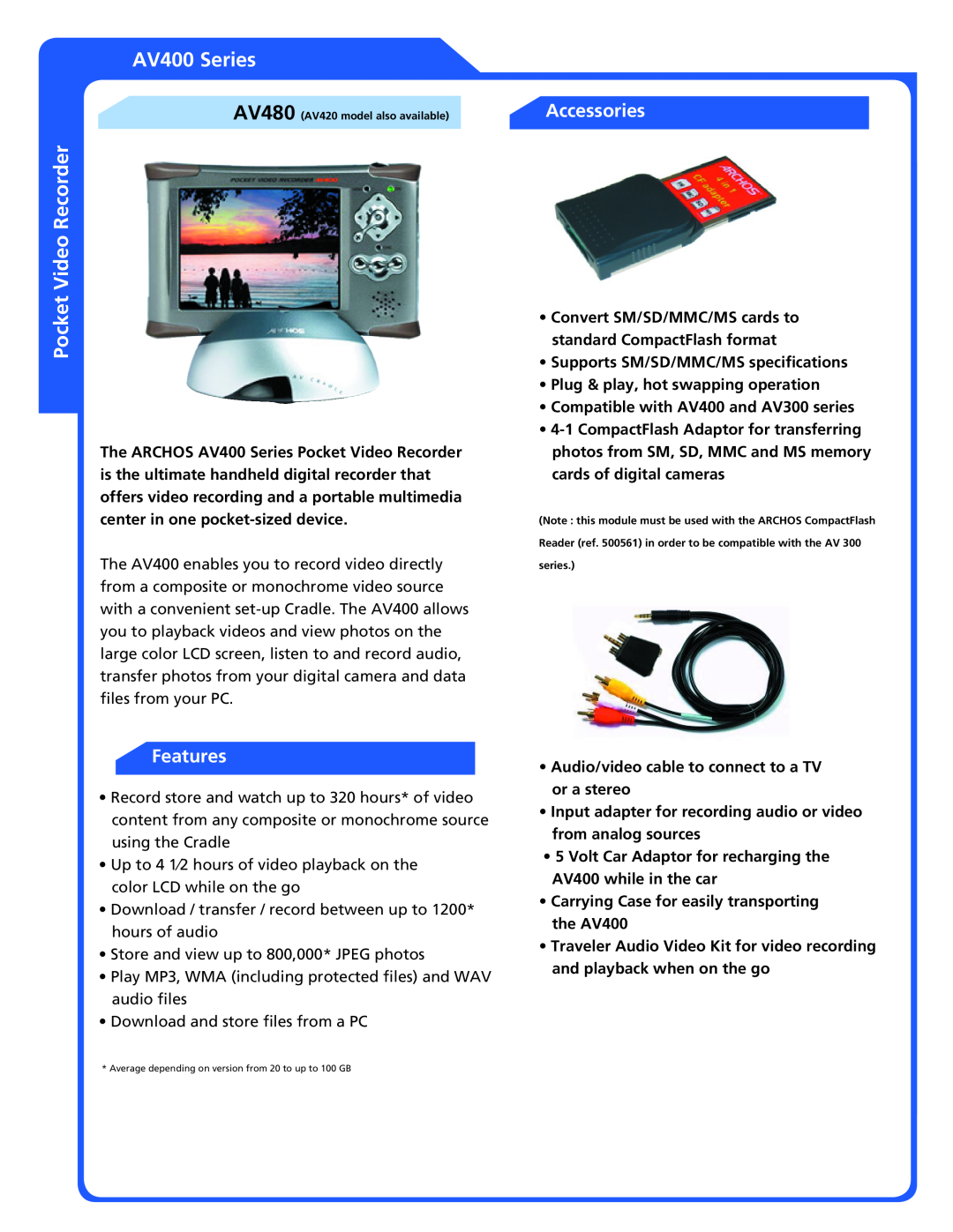 Archos AV480 manual AV400 Series, Pocket Video Recorder, Features, Accessories 