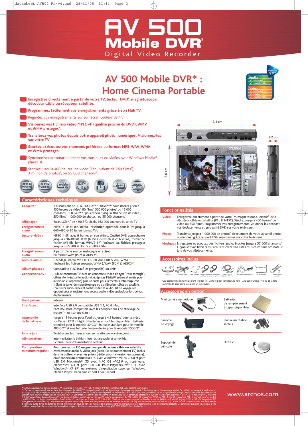 Archos AV500 manual Caractéristiques techniques, Fonctionnalités, Accessoires inclus, Accessoires en option 