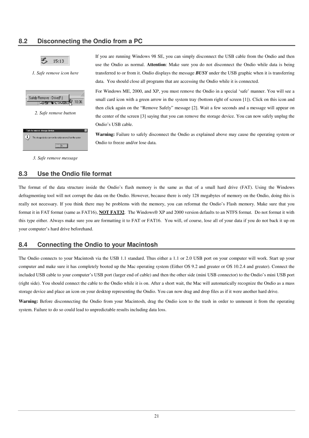 Archos FM Recorder 128 MB MP3 Player/Recorder/FM Stereo Radio Disconnecting the Ondio from a PC, Use the Ondio file format 