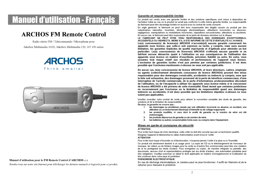 Archos FM Remote Control manuel dutilisation Garantie et responsabilité limitée, Mises en garde et consignes de sécurité 