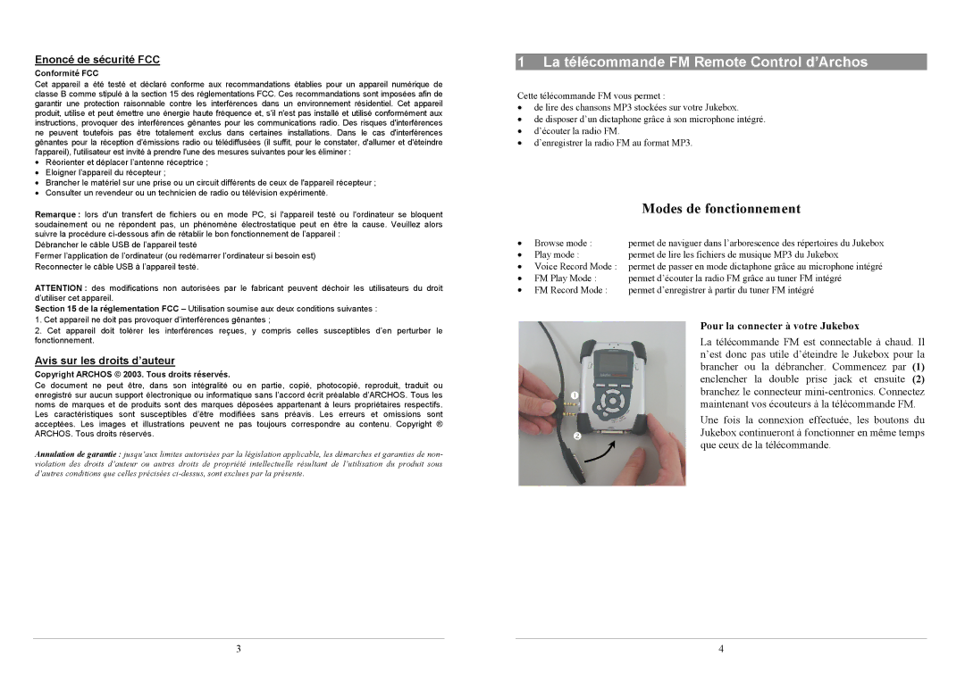 Archos La télécommande FM Remote Control d’Archos, Enoncé de sécurité FCC, Avis sur les droits d’auteur, Conformité FCC 