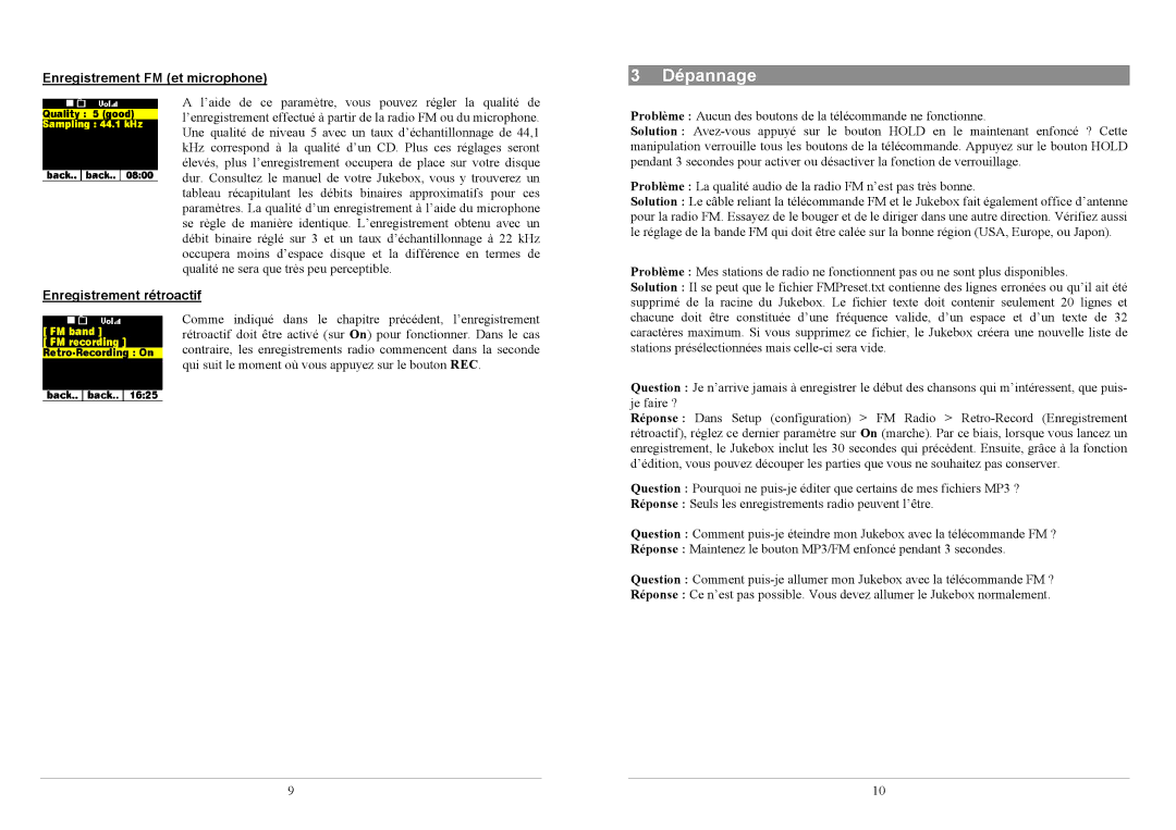 Archos FM Remote Control manuel dutilisation Dépannage, Enregistrement FM et microphone, Enregistrement rétroactif 