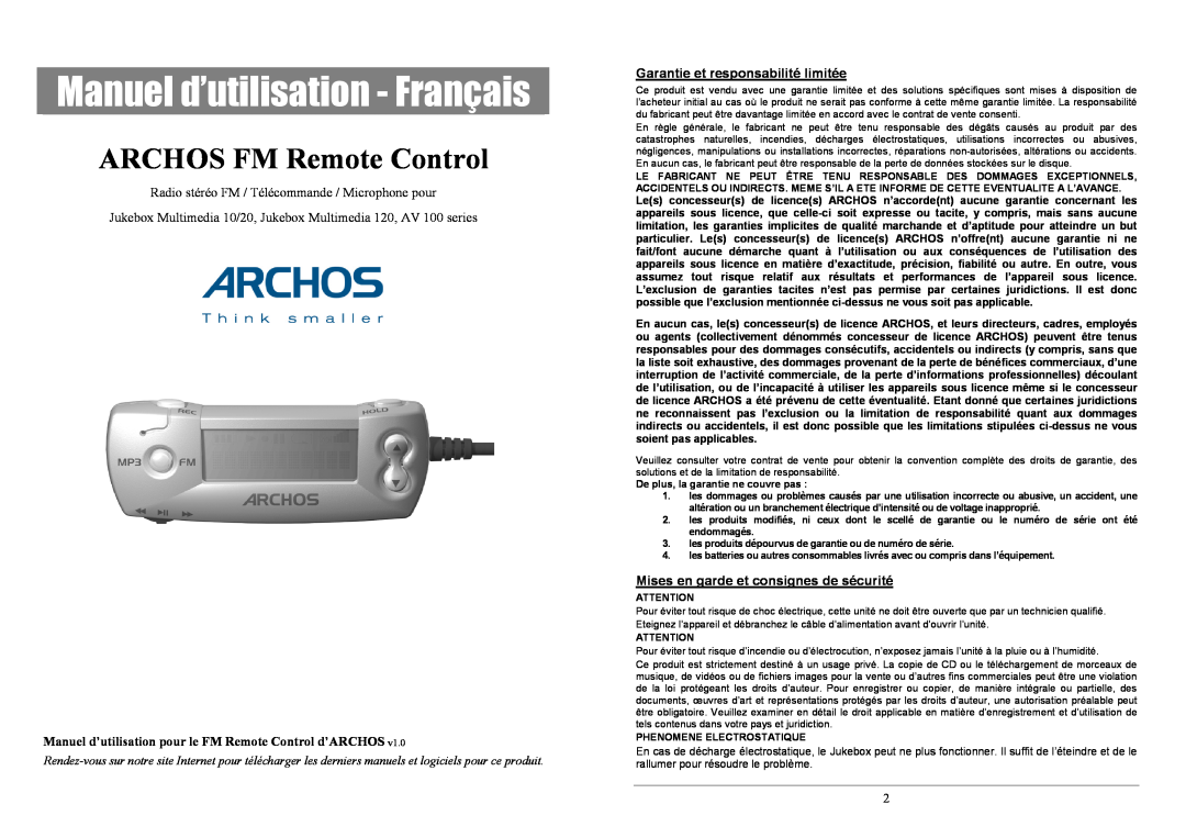 Archos manuel dutilisation Manuel d’utilisation pour le FM Remote Control d’ARCHOS, Garantie et responsabilité limitée 