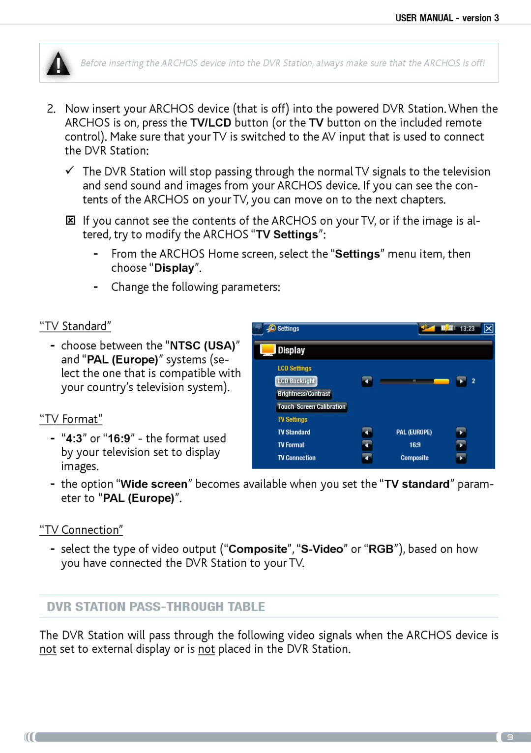 Archos GEN5 user manual DVR Station Pass-through table 