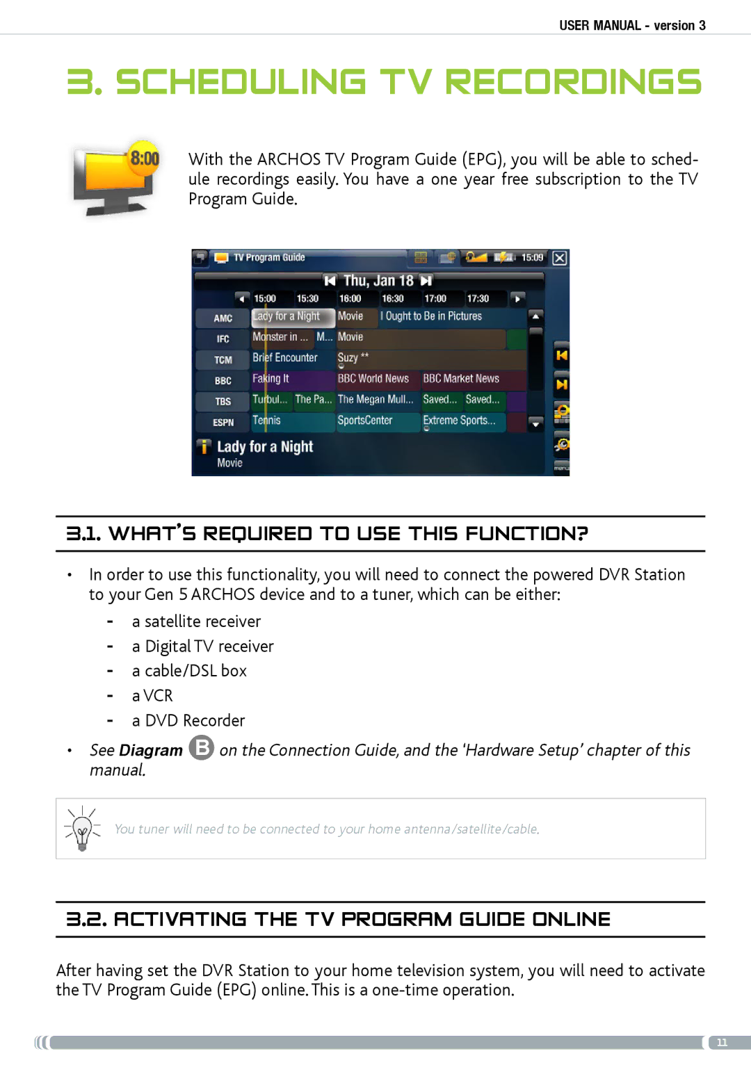 Archos GEN5 Scheduling TV recordings, What’s required to use this function?, Activating the TV program guide online 