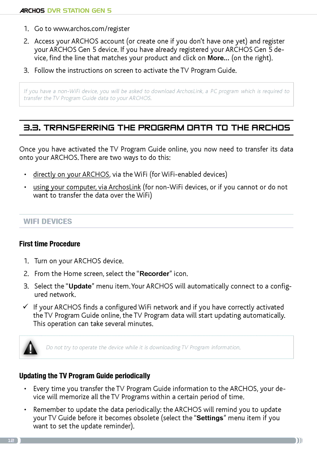 Archos GEN5 user manual Transferring the program data to the archos, WiFi devices 