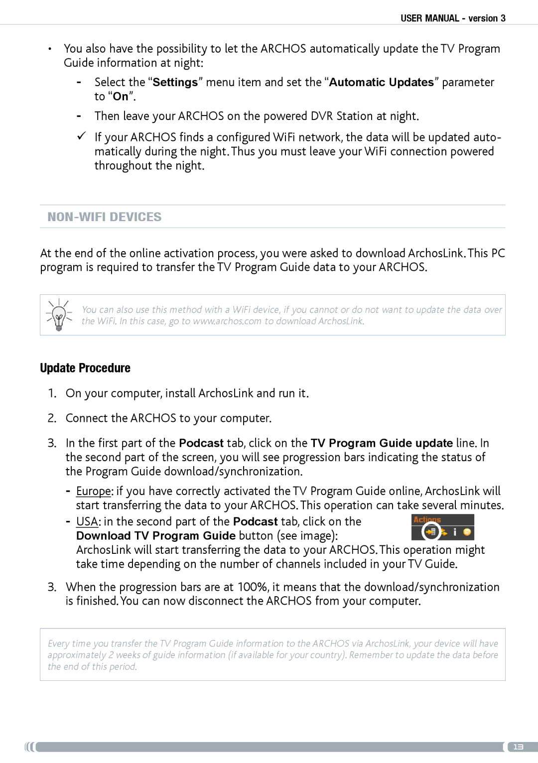 Archos GEN5 user manual Non-WiFi devices, Update Procedure 