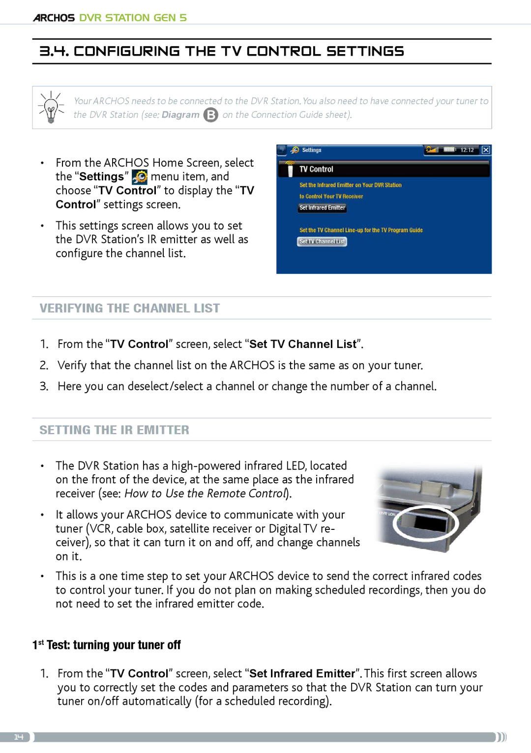 Archos GEN5 user manual Configuring the TV control settings, Verifying the channel list, Setting the IR Emitter 