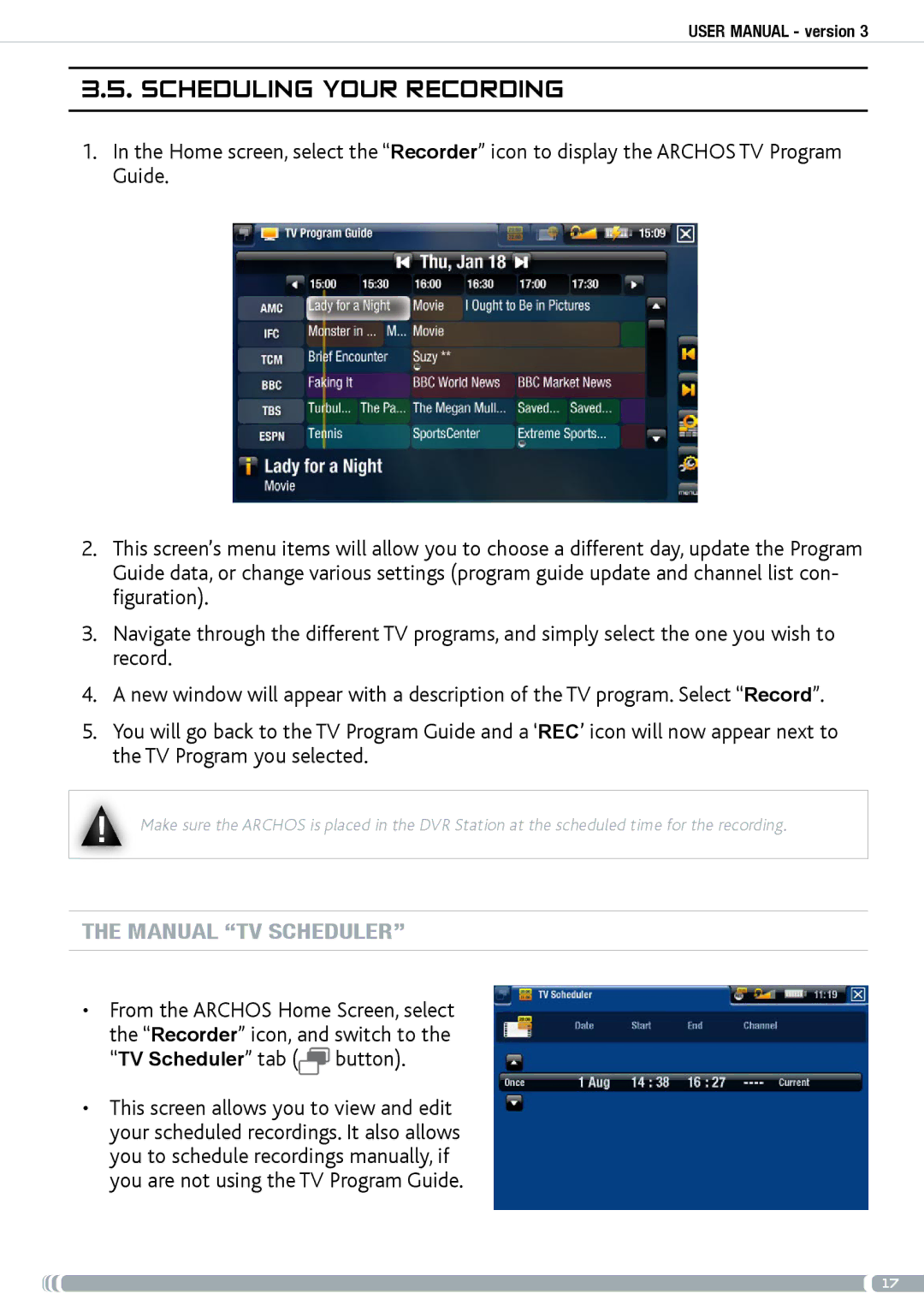 Archos GEN5 user manual Scheduling your recording, Manual tv scheduler 