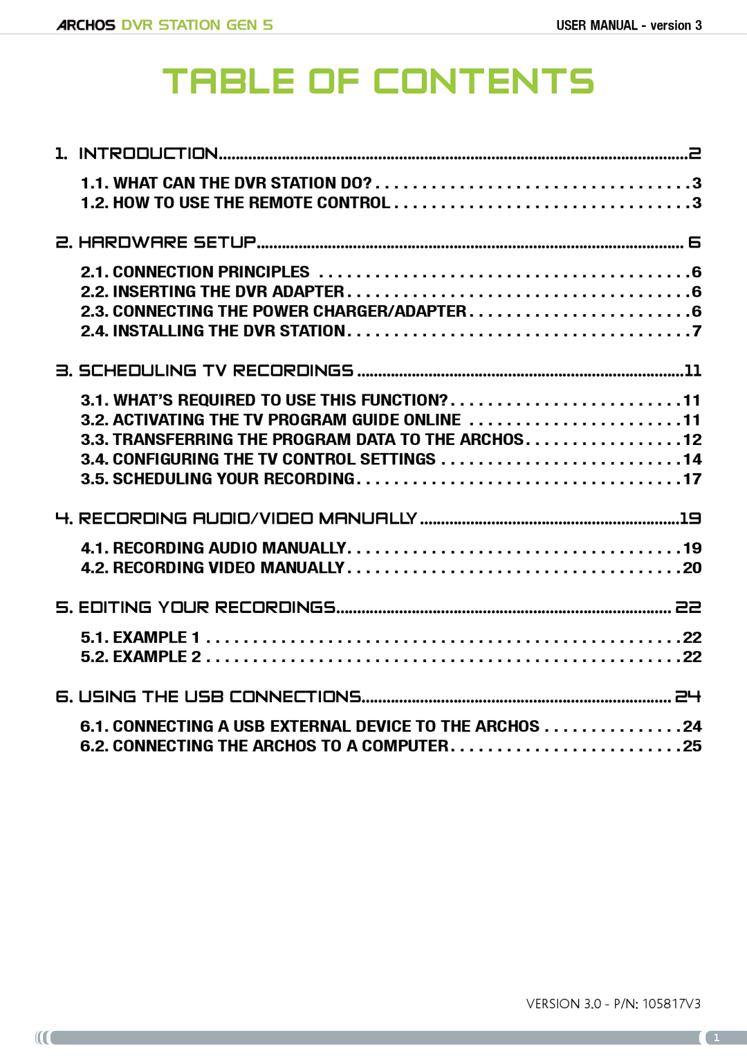 Archos GEN5 user manual Table Of Contents 