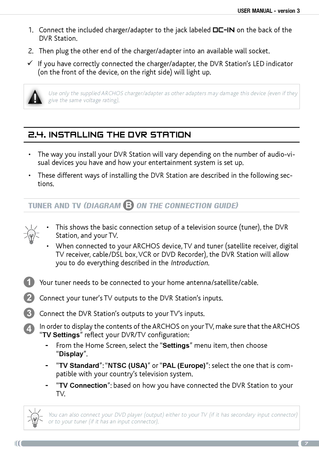 Archos GEN5 user manual Installing the dvr station, Tuner and TV diagram B on the connection guide 