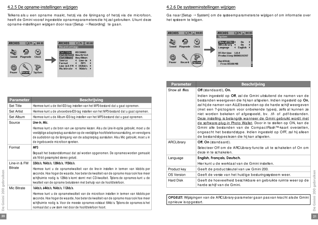 Archos Gmini 220 manual De opname-instellingen wijzigen, De systeeminstellingen wijzigen 