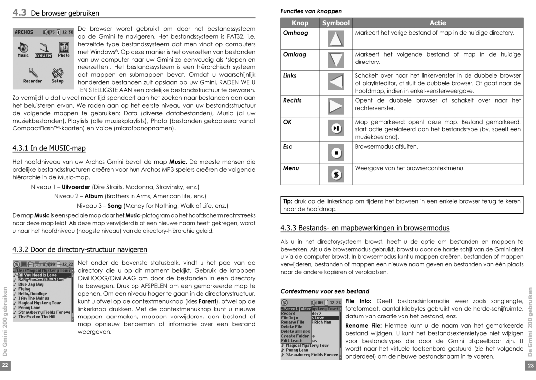 Archos Gmini 220 manual De browser gebruiken, De MUSIC-map, Door de directory-structuur navigeren 