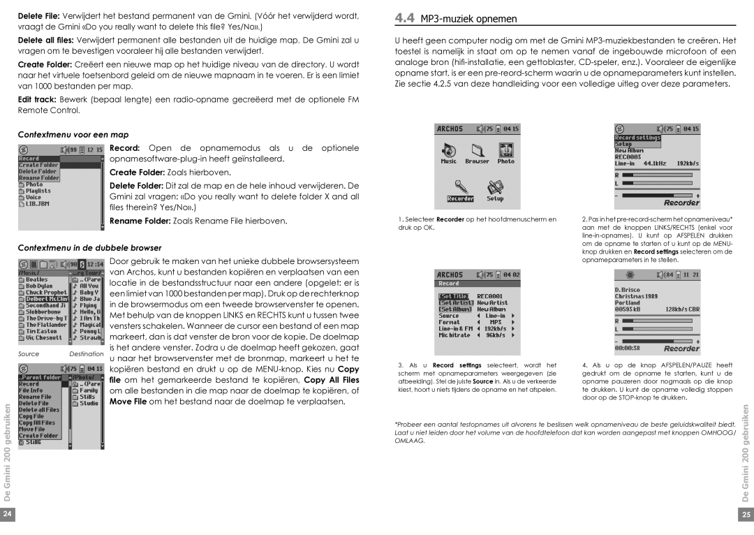 Archos Gmini 220 manual MP3-muziek opnemen, Contextmenu voor een map, Contextmenu in de dubbele browser 