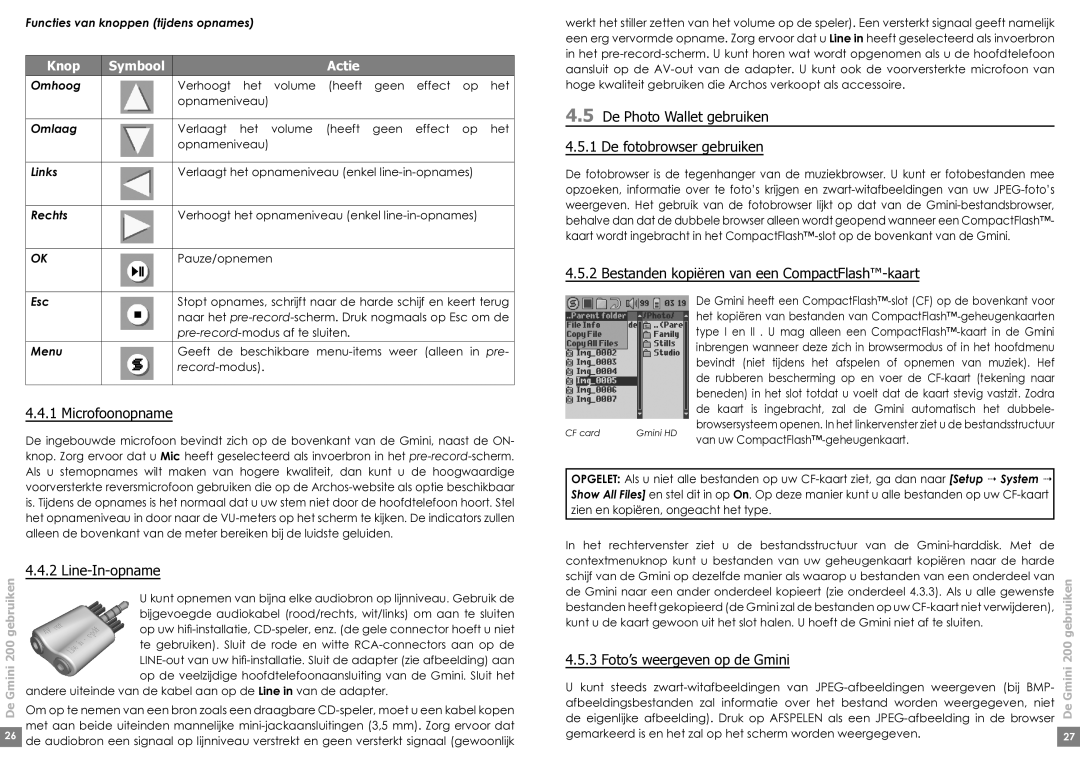 Archos Gmini 220 manual Microfoonopname, Line-In-opname, De Photo Wallet gebruiken 4.5.1 De fotobrowser gebruiken 