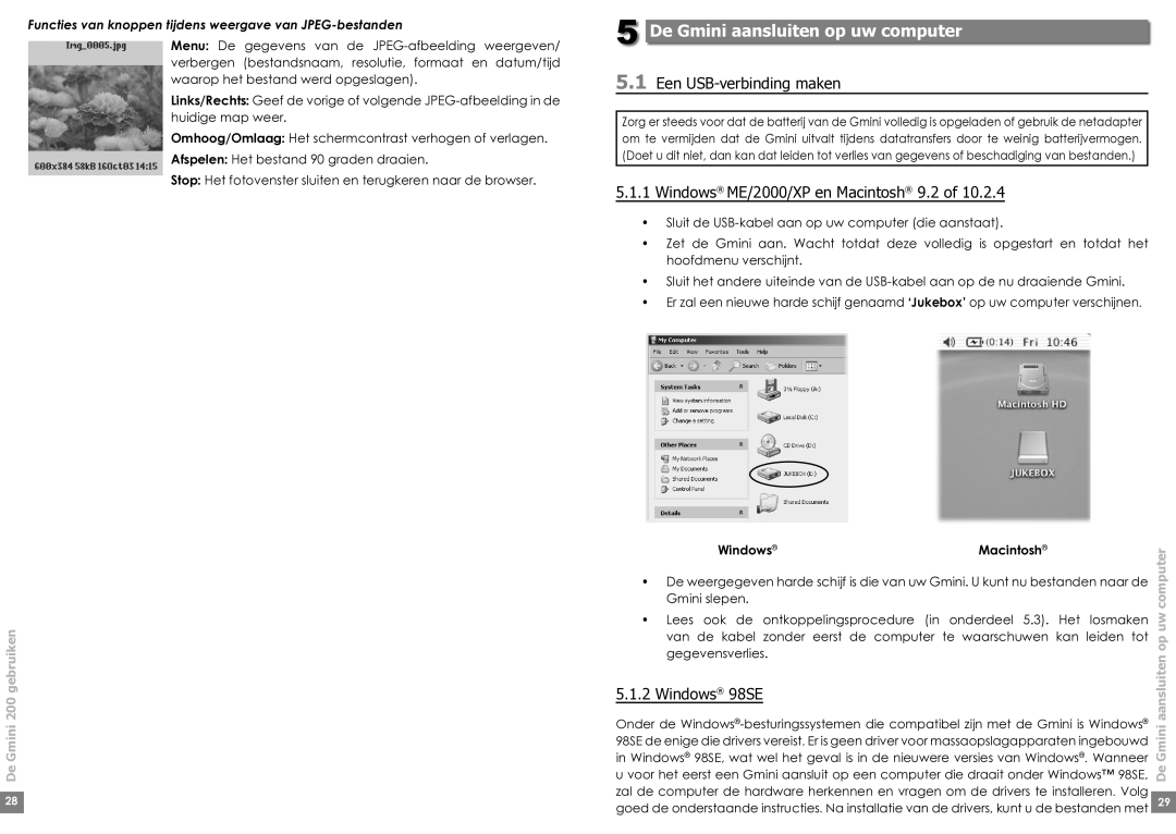 Archos Gmini 220 manual De Gmini aansluiten op uw computer, Een USB-verbinding maken, Windows ME/2000/XP en Macintosh 9.2 