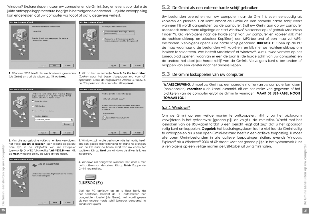 Archos Gmini 220 manual De Gmini als een externe harde schijf gebruiken, De Gmini loskoppelen van uw computer, Windows 