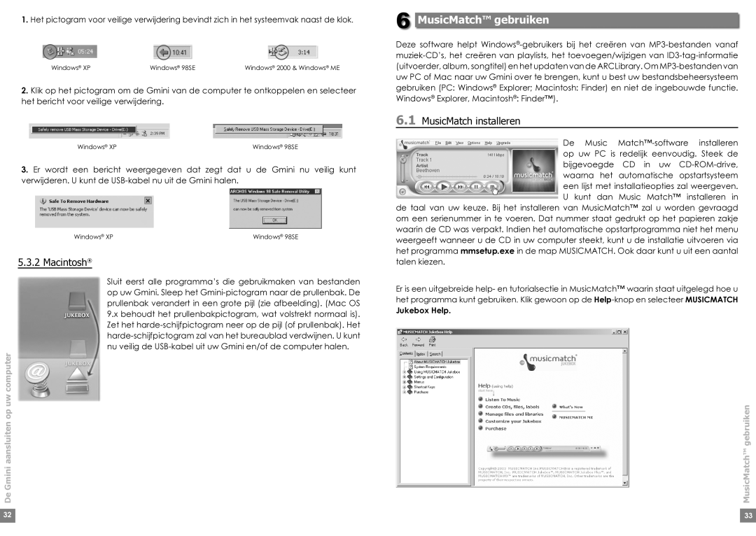 Archos Gmini 220 manual MusicMatch gebruiken, Macintosh, MusicMatch installeren, Jukebox Help 