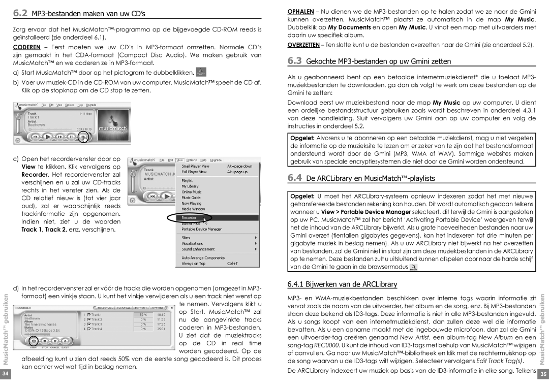 Archos Gmini 220 manual MP3-bestanden maken van uw CD’s, De ARCLibrary en MusicMatch-playlists, Bijwerken van de ARCLibrary 