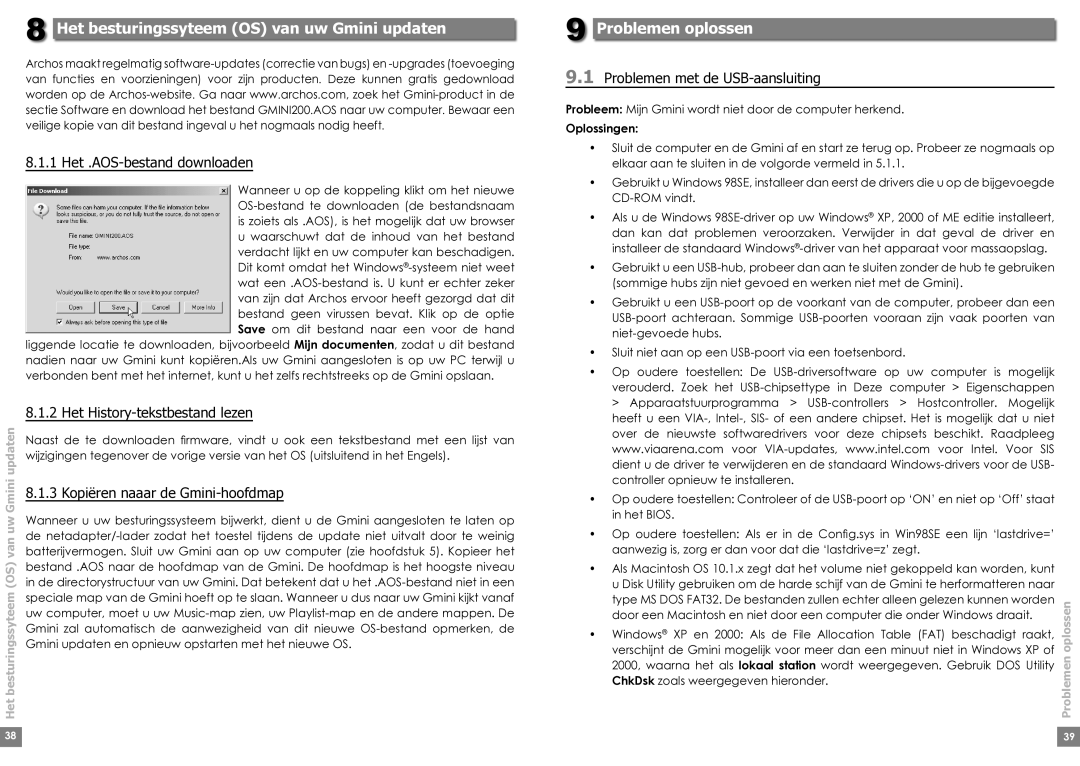 Archos Gmini 220 manual Het besturingssyteem OS van uw Gmini updaten, Problemen oplossen 