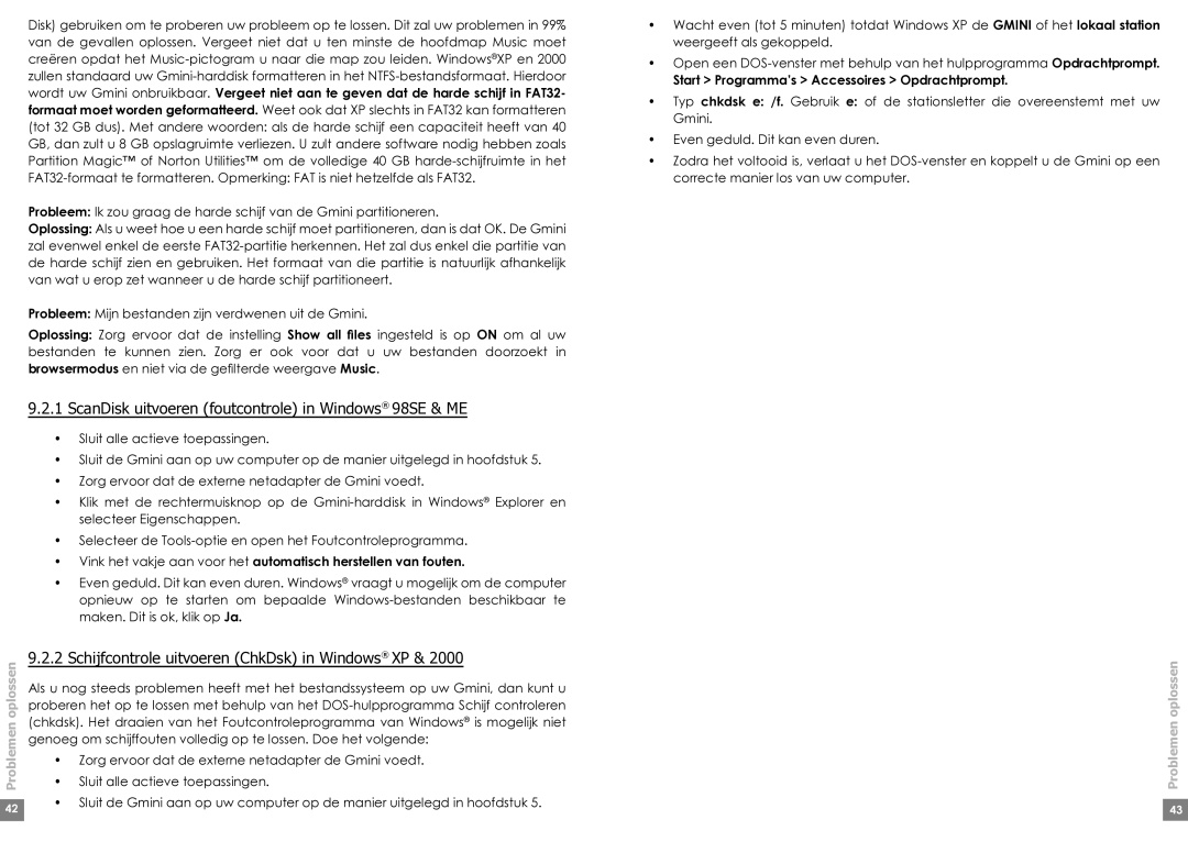 Archos Gmini 220 manual ScanDisk uitvoeren foutcontrole in Windows 98SE & ME, Schijfcontrole uitvoeren ChkDsk in Windows XP 