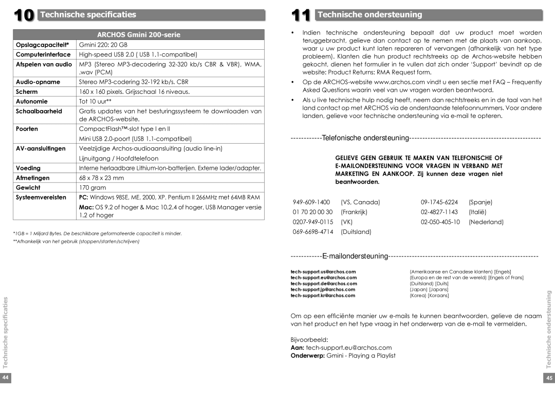 Archos Gmini 220 manual Technische speciﬁcaties, Technische ondersteuning, Telefonische ondersteuning, Mailondersteuning 