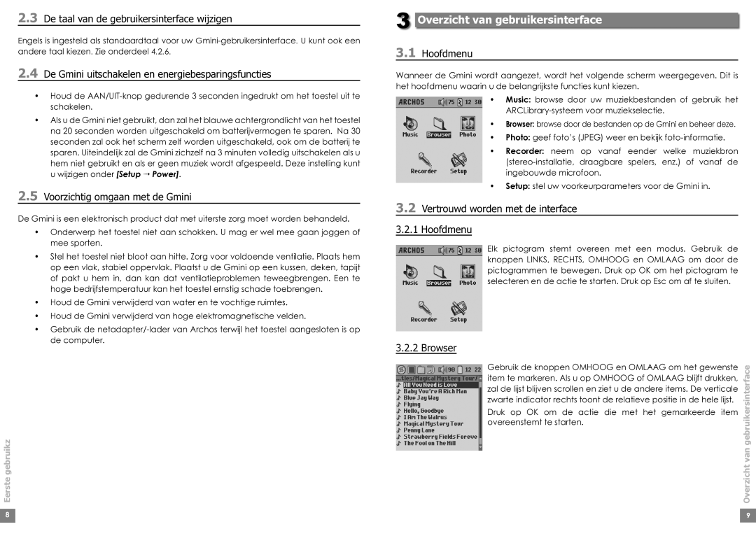 Archos Gmini 220 manual Overzicht van gebruikersinterface 