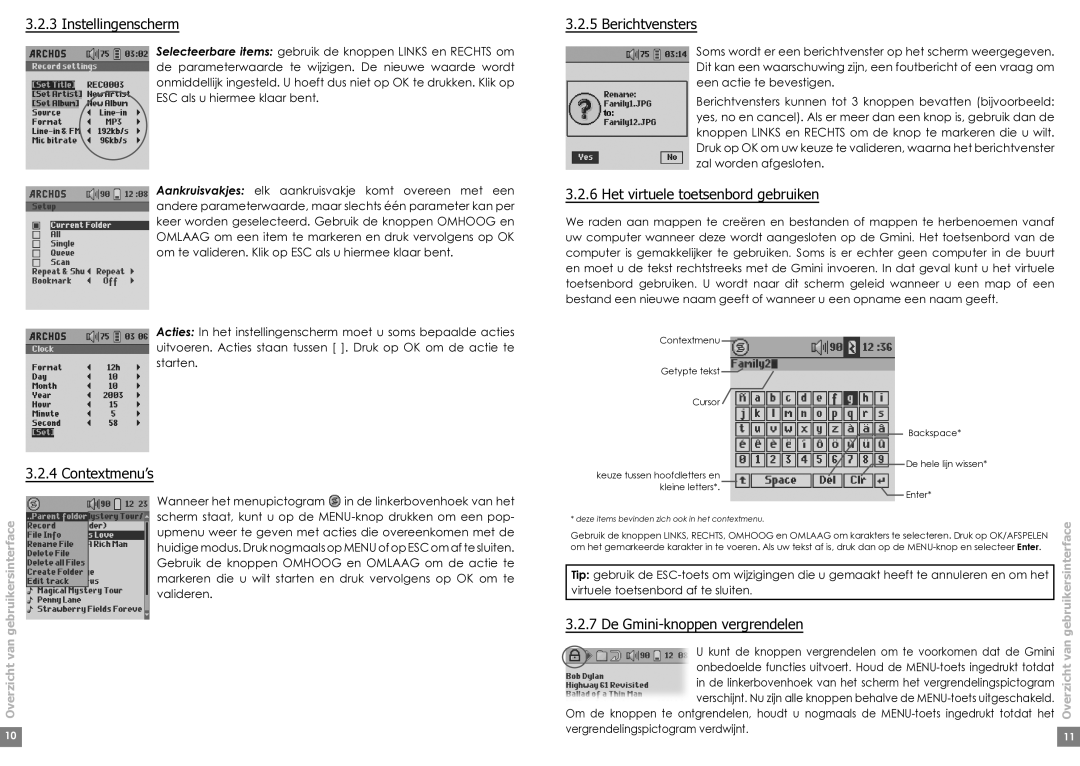 Archos Gmini 220 manual Instellingenscherm, Contextmenu’s, Berichtvensters, Het virtuele toetsenbord gebruiken 