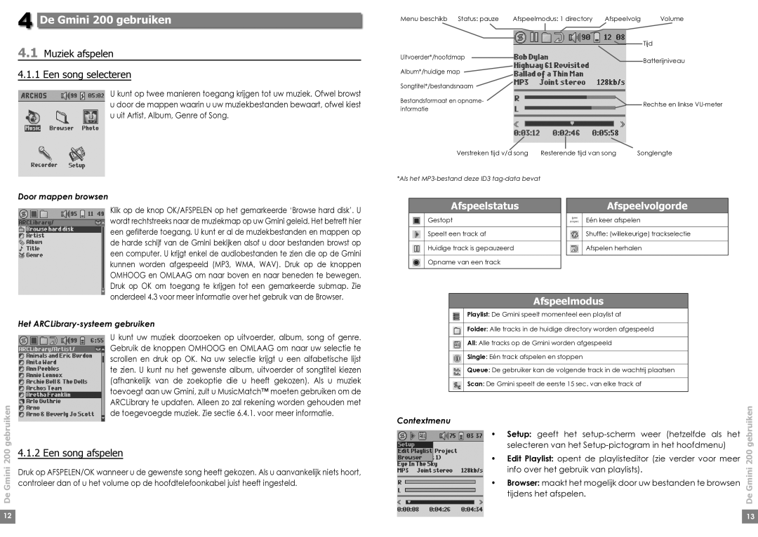 Archos Gmini 220 manual De Gmini 200 gebruiken, Muziek afspelen 4.1.1 Een song selecteren 