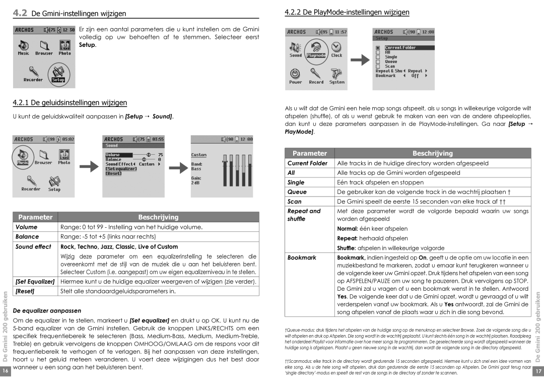 Archos Gmini 220 manual De Gmini-instellingen wijzigen, De geluidsinstellingen wijzigen, De PlayMode-instellingen wijzigen 