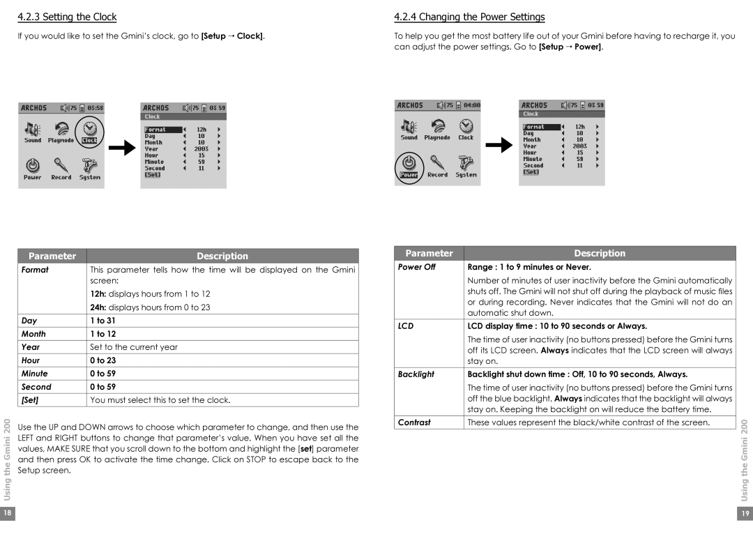 Archos Gmini200 Setting the Clock, Changing the Power Settings, Setup screen, Power Off Range 1 to 9 minutes or Never 