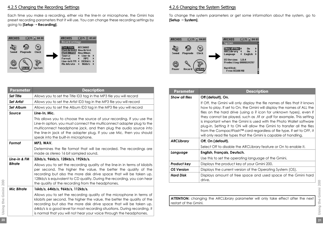 Archos Gmini200 user manual Changing the Recording Settings, Changing the System Settings 