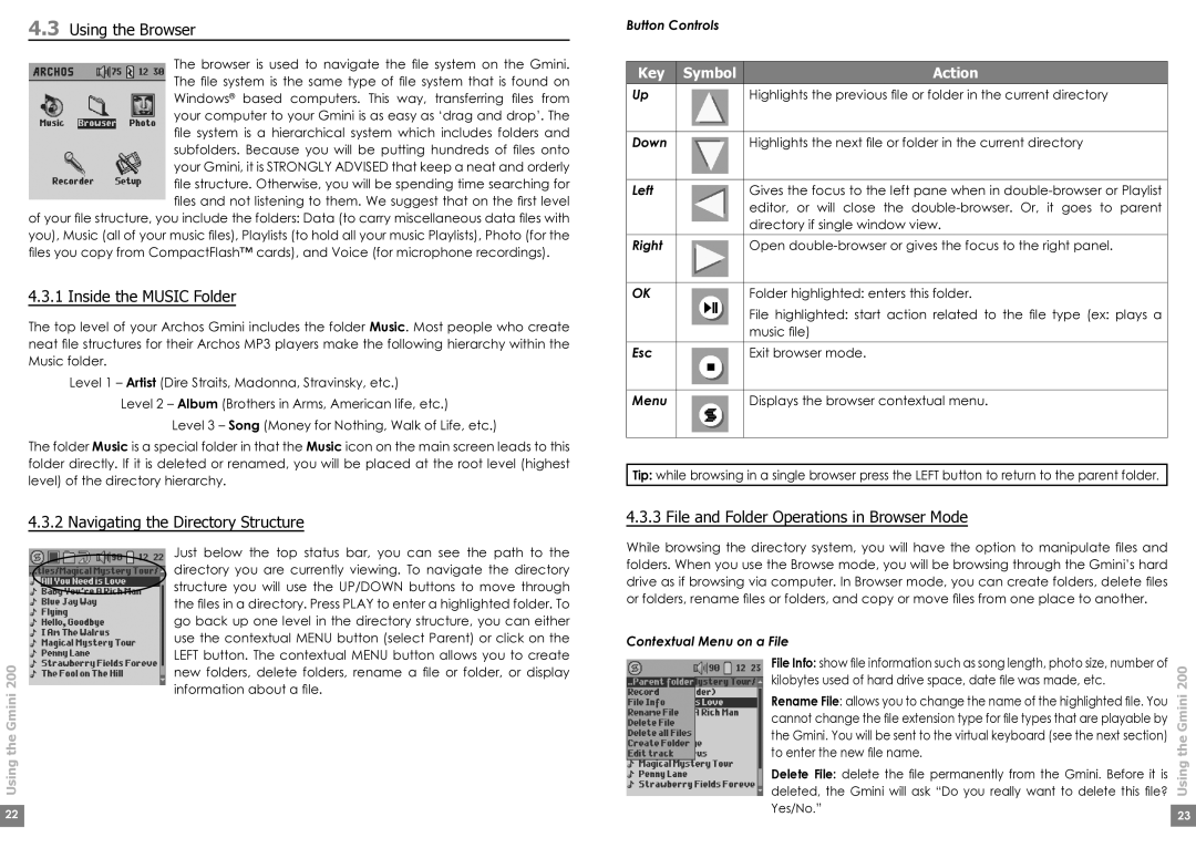 Archos Gmini200 Using the Browser, Inside the Music Folder, Navigating the Directory Structure, Key Symbol Action 