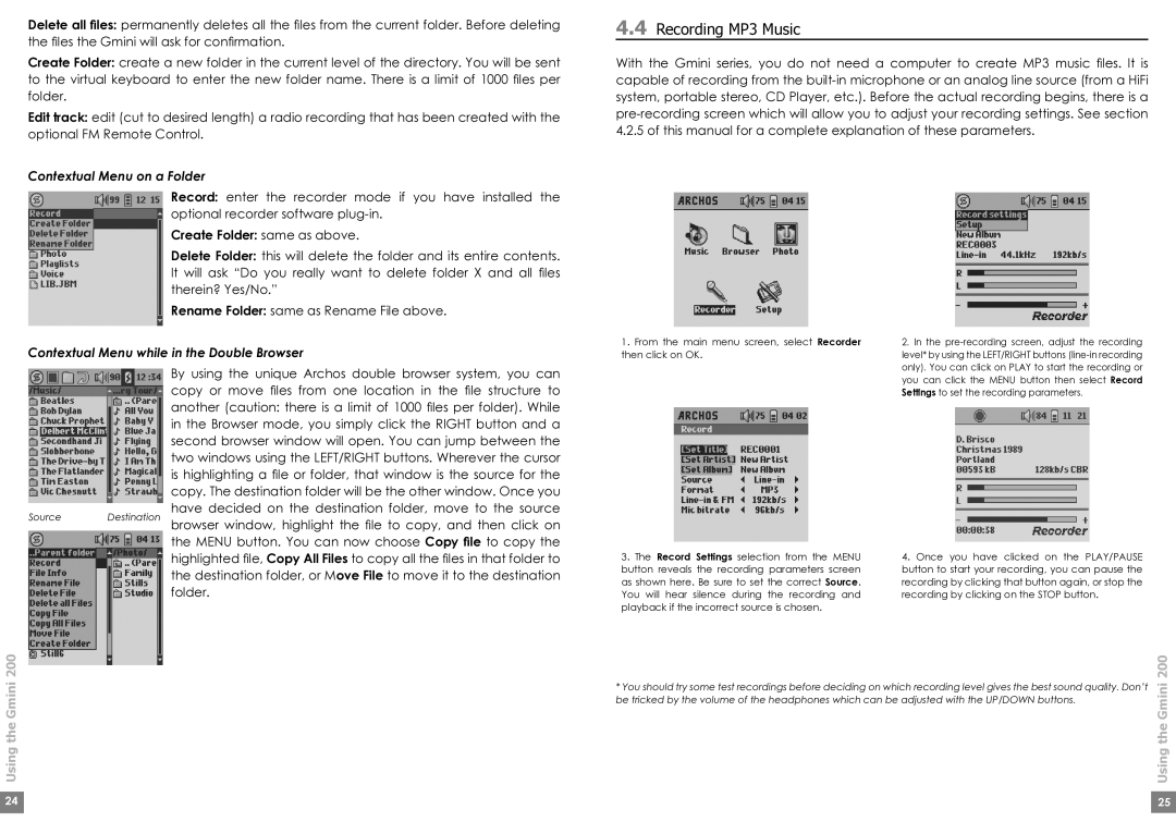 Archos Gmini200 user manual Recording MP3 Music, Contextual Menu on a Folder, Create Folder same as above 