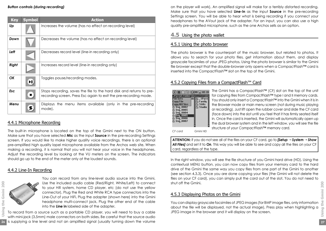 Archos Gmini200 user manual Microphone Recording, Line-In Recording, Using the photo wallet 4.5.1 Using the photo browser 