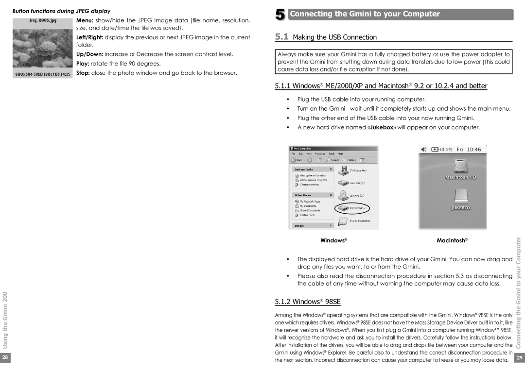 Archos Gmini200 user manual Connecting the Gmini to your Computer, Making the USB Connection 