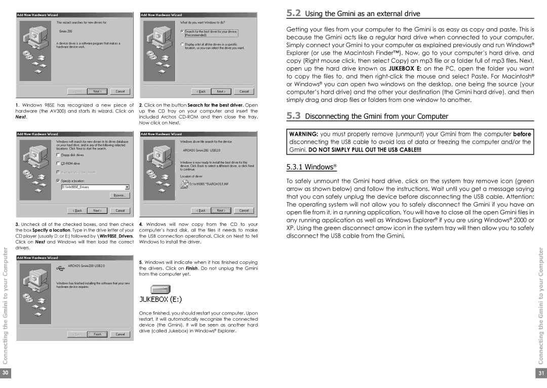 Archos Gmini200 user manual Using the Gmini as an external drive, Disconnecting the Gmini from your Computer Windows 