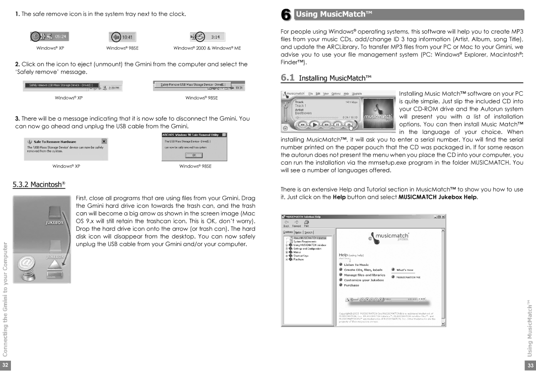 Archos Gmini200 user manual Using MusicMatch, Macintosh, Installing MusicMatch 