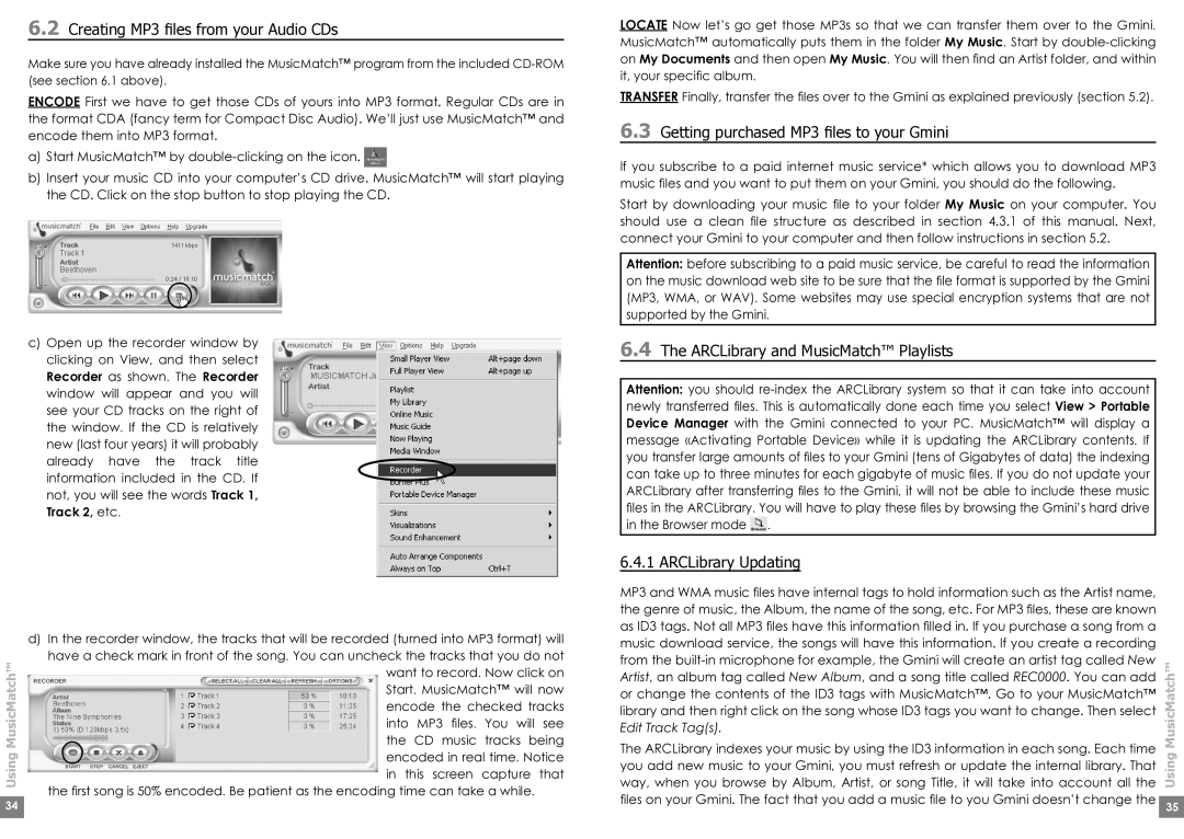 Archos Gmini200 user manual Creating MP3 ﬁles from your Audio CDs, ARCLibrary Updating 