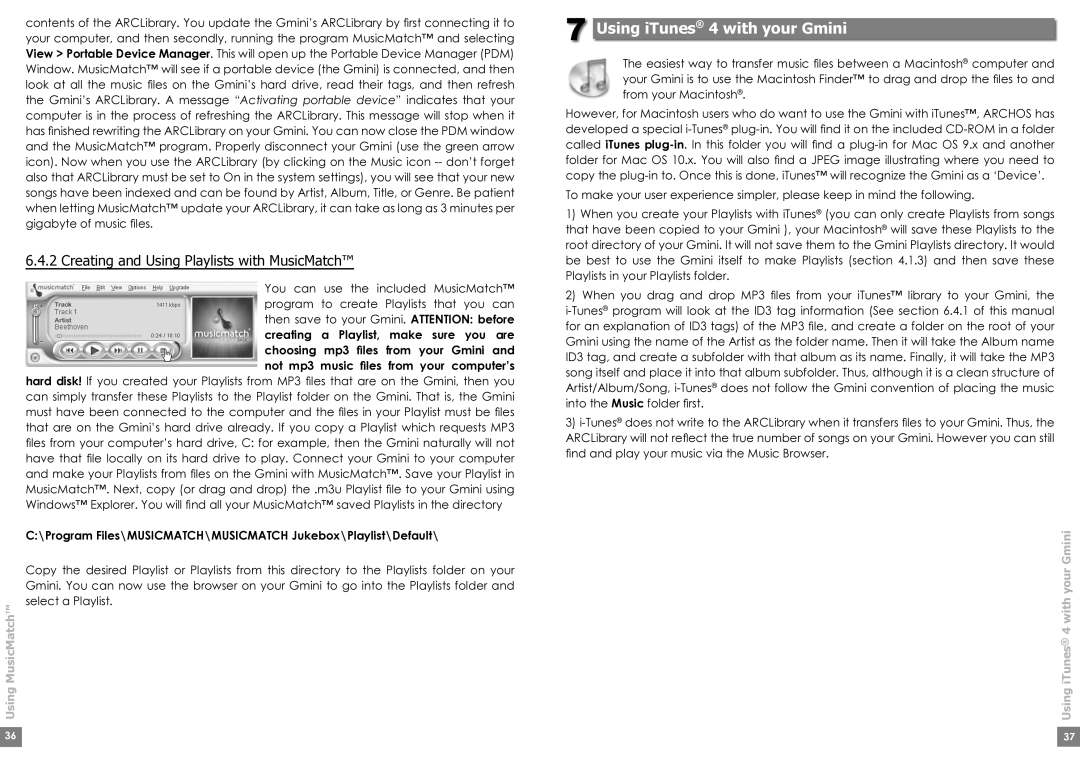 Archos Gmini200 user manual Using iTunes 4 with your Gmini, Creating and Using Playlists with MusicMatch 