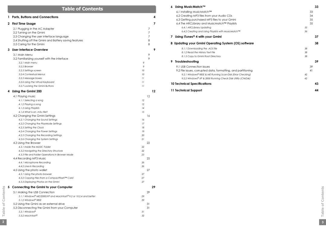 Archos Gmini200 user manual Table of Contents 